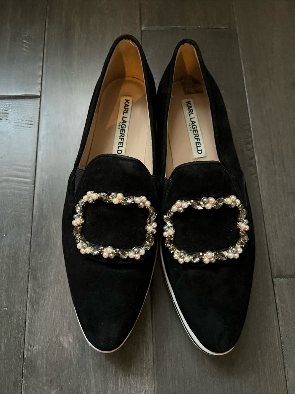 Karl Lagerfeld Black Suede Pearl-Embellished Loafers ✨🖤